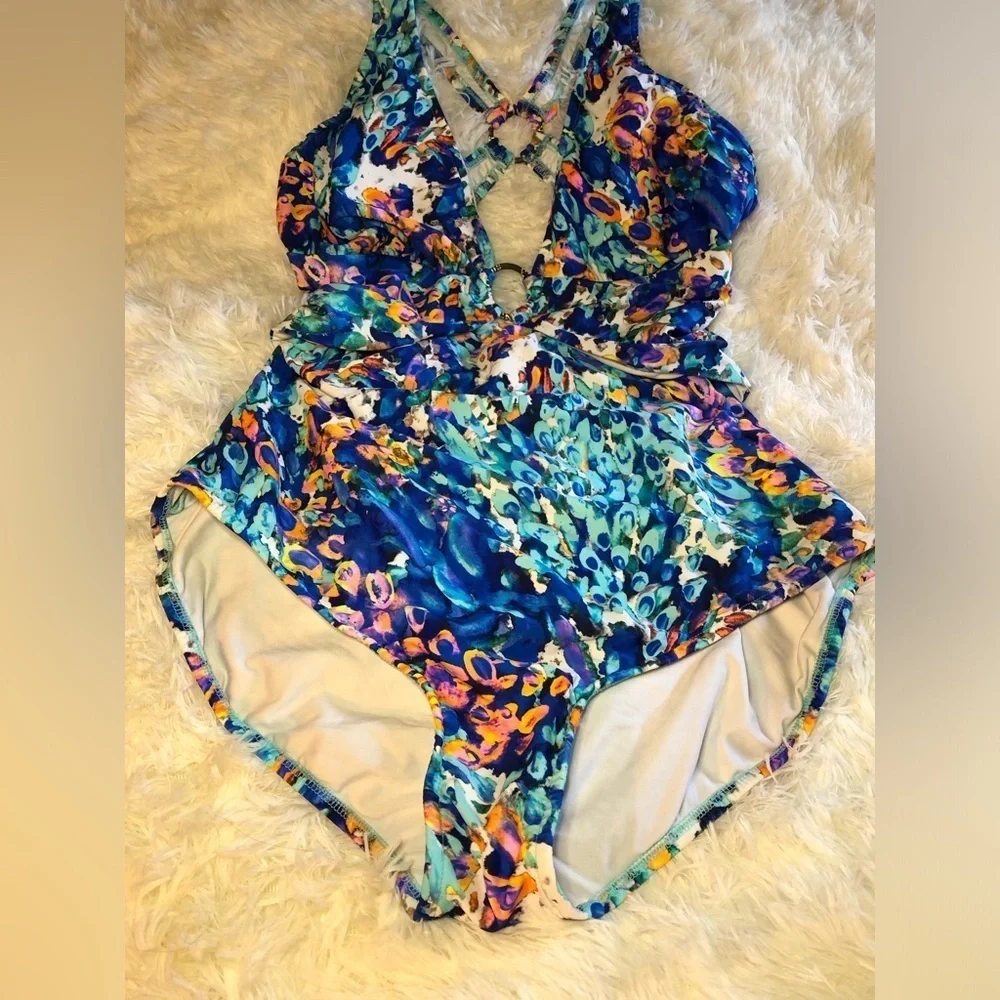 VENUS Blue and Orange One Piece Swimsuit with Plunging V-neckline